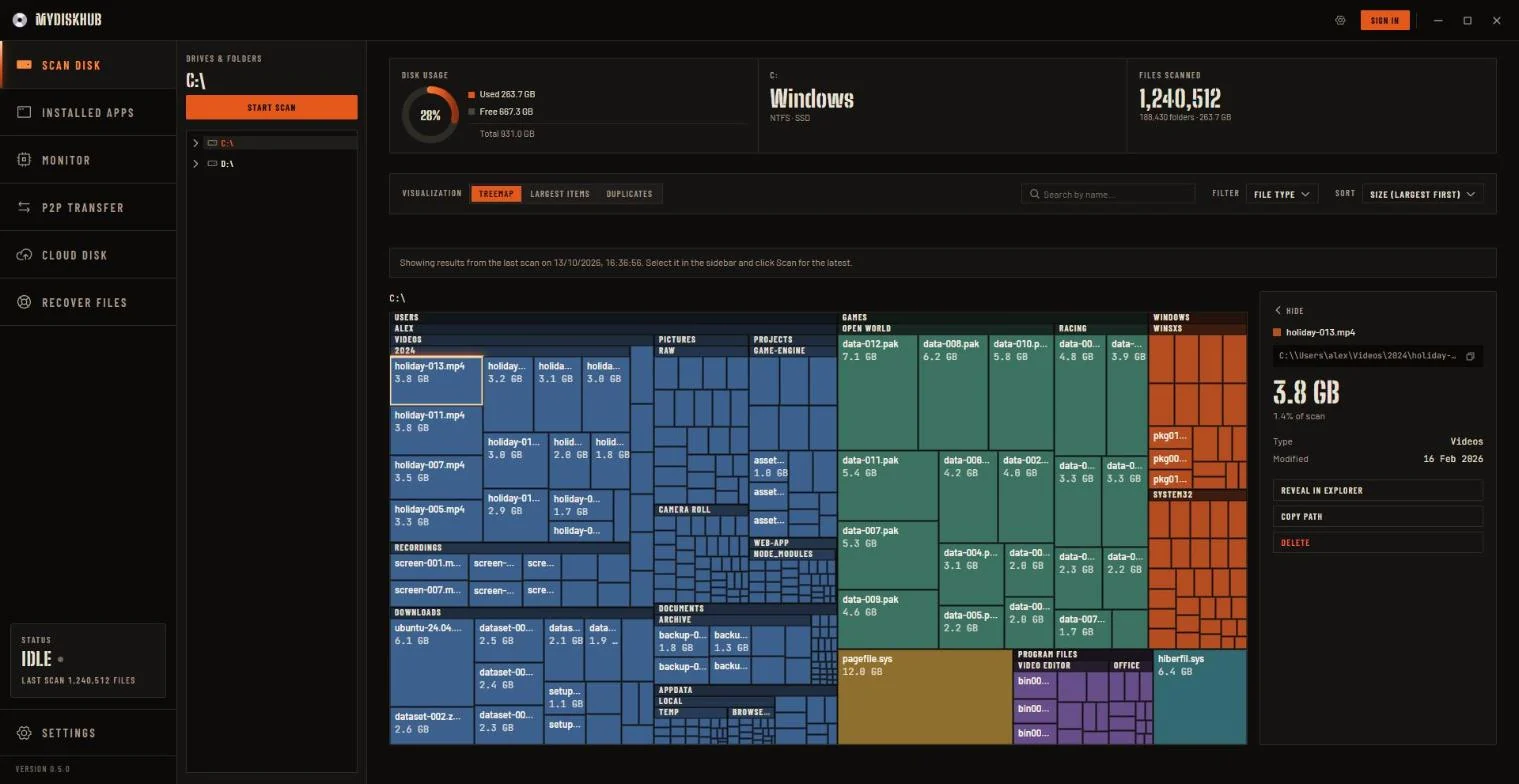 MyDiskHub after a completed scan of a C: drive: the color-coded treemap, the disk usage donut, and the details panel for a selected video file